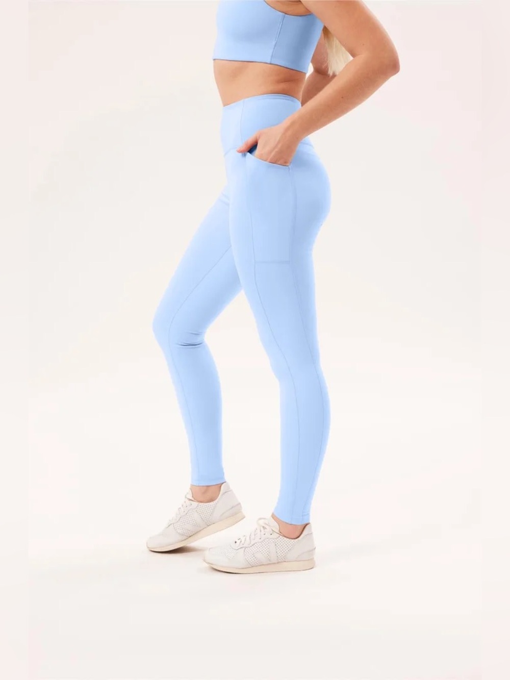 Girlfriend Collective High-Rise Compressive Tights w/Pockets in Light Blue